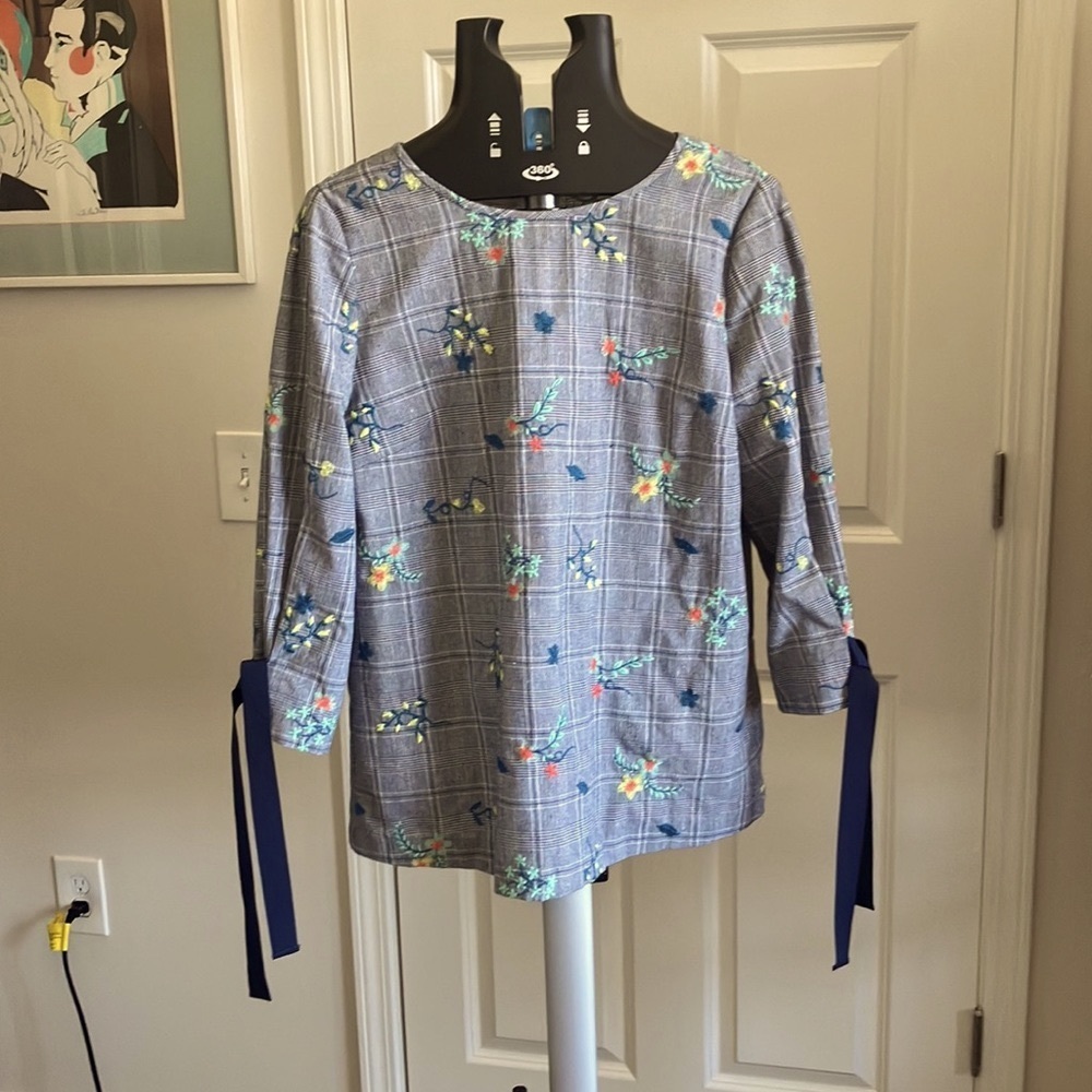 Sara Campbell blouse ribbon 3/4 sleeves poly cotton top size M embroider…